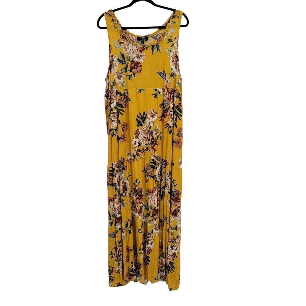 Suzanne Betro Tropical Floral Maxi Dress Plus Size 1X Tiered Mustard Festival
